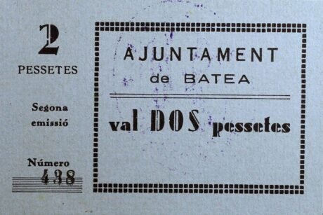 Аверс банкноты 2 песеты Батеа (Испания)