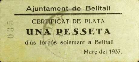 Аверс банкноты 1 peseta Beltall (Spain) 1937