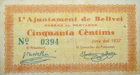 Аверс банкноты 50 centymów Bellevey (Hiszpania) 1937