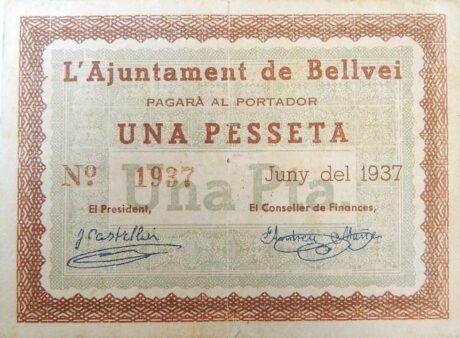 Аверс банкноты 1 peseta Bellvei (Spain) 1937