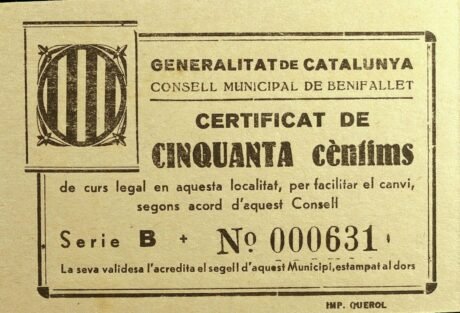 Аверс банкноты 50 сантимов Бенифалле (Испания)