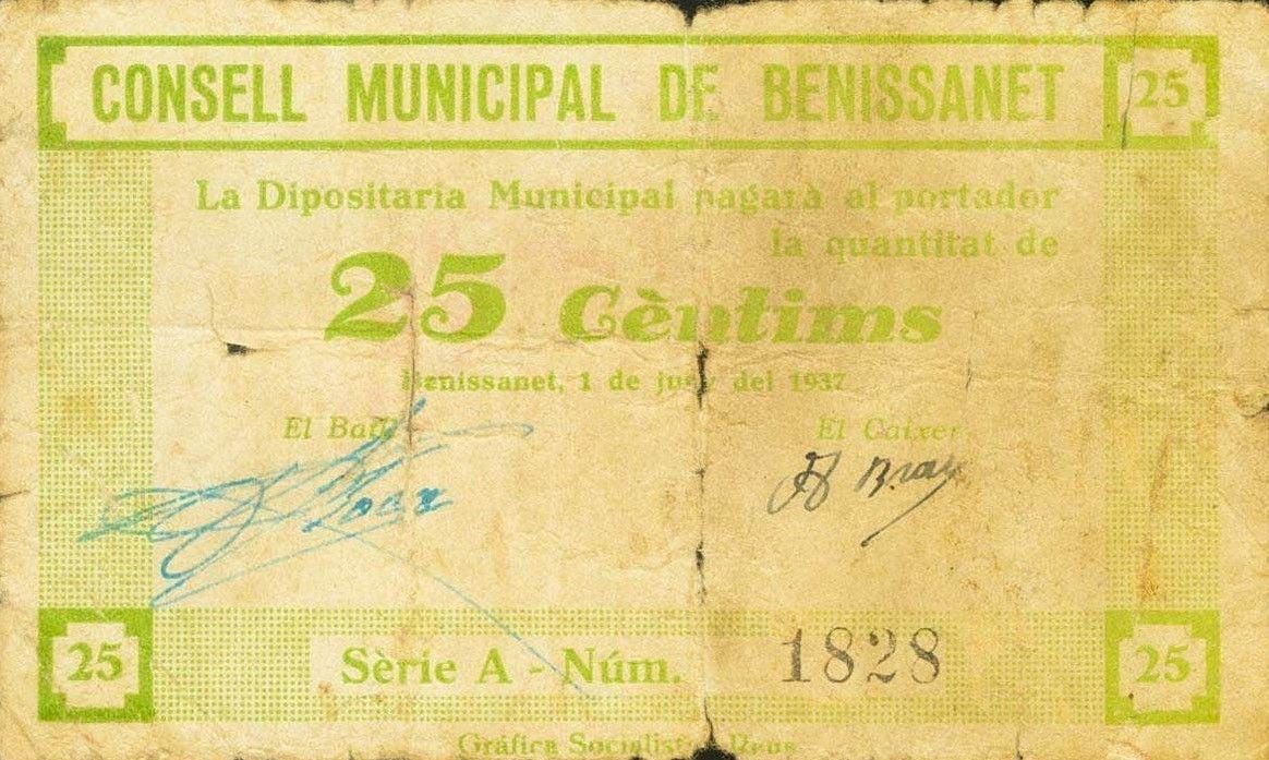 Аверс банкноты 25 сантимов Бениссанет (Испания) 1937 года