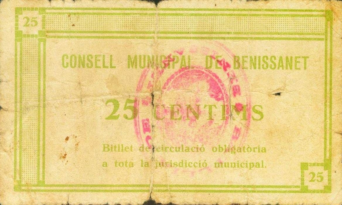 Реверс банкноты 25 сантимов Бениссанет (Испания) 1937 года