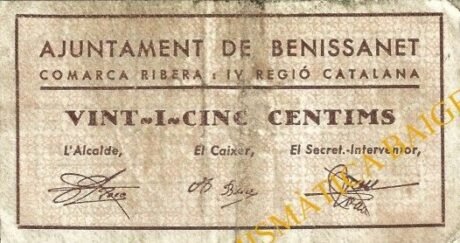 Аверс банкноты 25 centymów Benissanet (Hiszpania) 1937