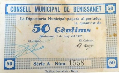 Аверс банкноты 50 centymów Benissanet (Hiszpania) 1937