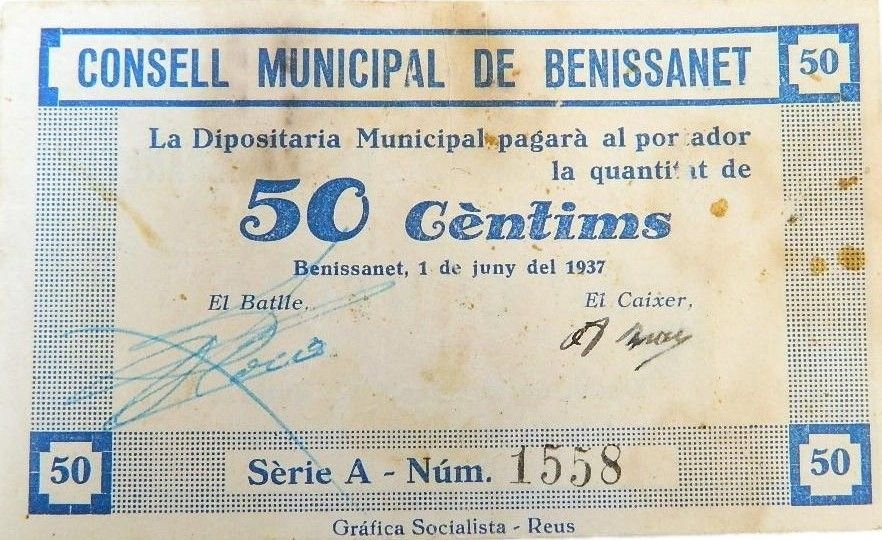 Аверс банкноты 50 сантимов Бениссанет (Испания) 1937 года