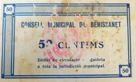 Реверс банкноты 50 centymów Benissanet (Hiszpania) 1937