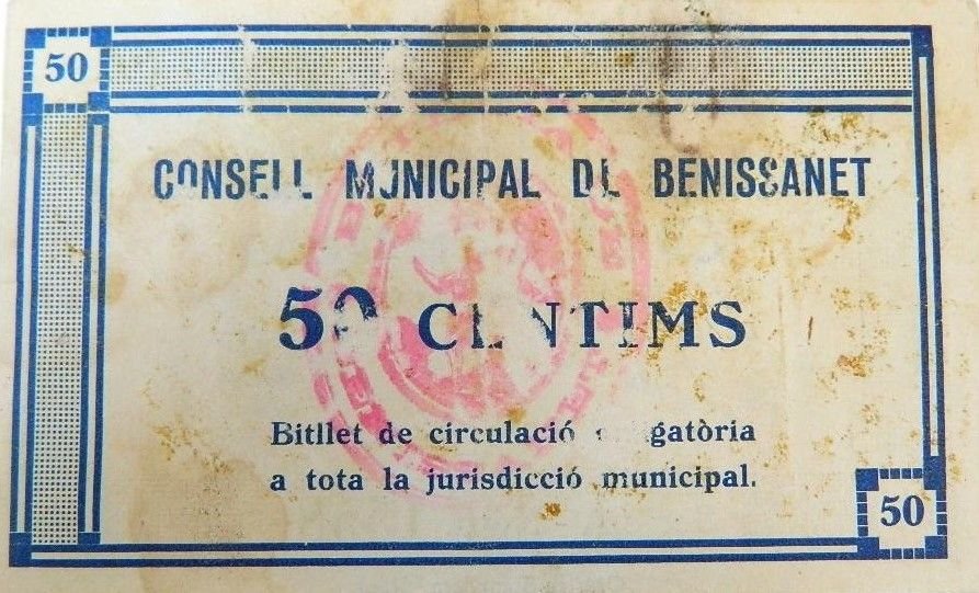 Реверс банкноты 50 сантимов Бениссанет (Испания) 1937 года