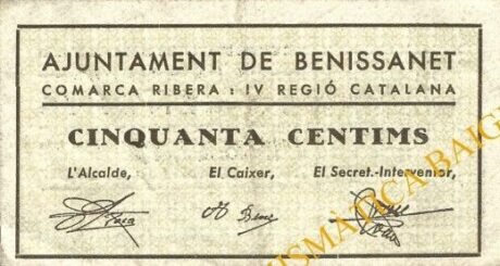 Аверс банкноты 50 centymów Benissanet (Hiszpania) 1937