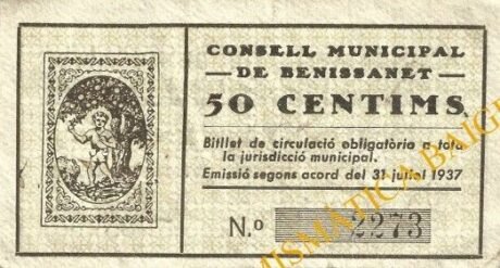 Реверс банкноты 50 centymów Benissanet (Hiszpania) 1937