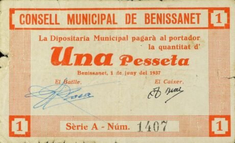 Аверс банкноты 1 peseta Benissanet (Hiszpania) 1937