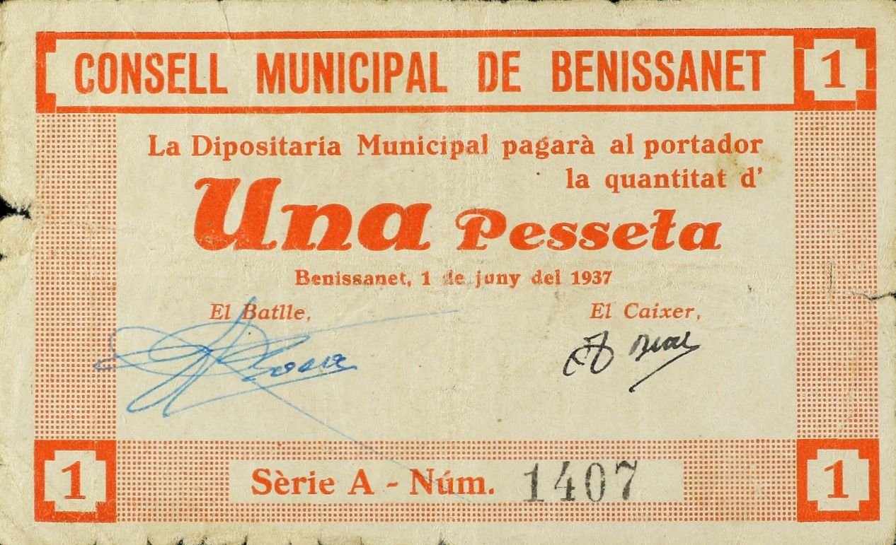 Аверс банкноты 1 песета Бениссанет (Испания) 1937 года
