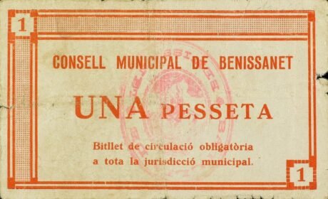 Реверс банкноты 1 peseta Benissanet (Hiszpania) 1937