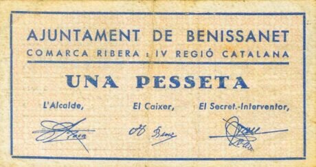 Аверс банкноты 1 peseta Benissanet (Hiszpania) 1937