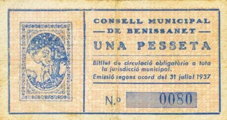 Реверс банкноты 1 peseta Benissanet (Hiszpania) 1937