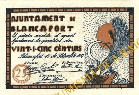 Аверс банкноты 25 centymów Blancafort (Hiszpania) 1937