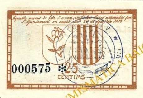 Реверс банкноты 25 centymów Blancafort (Hiszpania) 1937