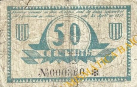 Реверс банкноты 50 сантимов Бланкафорт (Испания) 1937 года