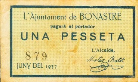 Аверс банкноты 1 песета Бонастре (Испания) 1937 года
