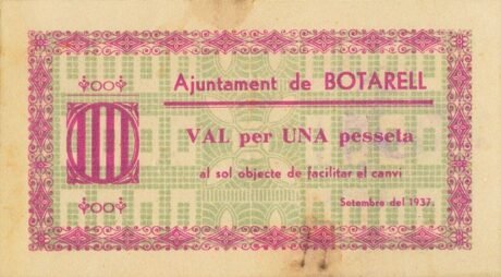 Аверс банкноты 1 песета Ботарель (Испания) 1937 года