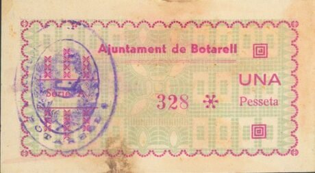 Реверс банкноты 1 песета Ботарель (Испания) 1937 года