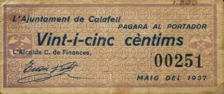 Аверс банкноты 25 centymów Calafell (Hiszpania) 1937