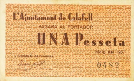Аверс банкноты 1 песета Калафель (Испания) 1937 года
