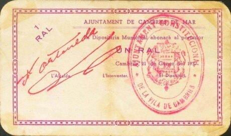 Аверс банкноты 25 сантимов "1 рал" Камбрильс-де-Мар (Испания) 1937 года