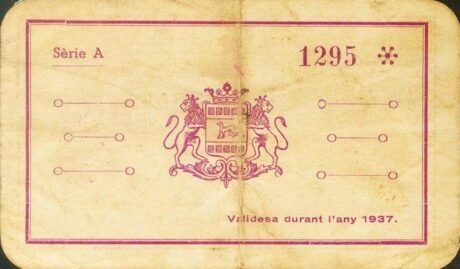 Реверс банкноты 25 сантимов "1 рал" Камбрильс-де-Мар (Испания) 1937 года