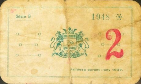 Реверс банкноты 50 сентимо "2 Раля" Камбрильс-де-Мар (Испания) 1937 года