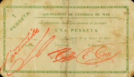 Аверс банкноты 1 песета Камбрильс-де-Мар (Испания) 1937 года