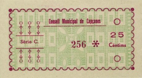 Реверс банкноты 25 сентимошей капсанес (Испания) 1937 года