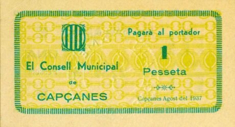 Аверс банкноты 1 песета капканес (Испания) 1937 года