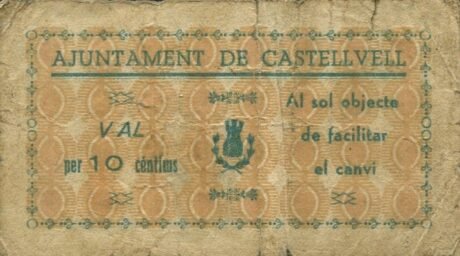 Аверс банкноты 10 сантимов Кастельвелл (Испания) 1937 года