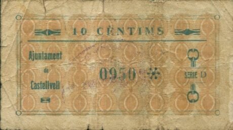 Реверс банкноты 10 сантимов Кастельвелл (Испания) 1937 года