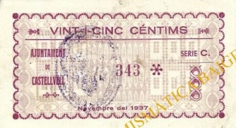 Реверс банкноты 25 centymów Castellvell (Hiszpania) 1937