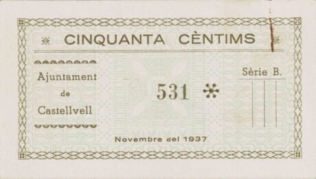 Реверс банкноты 50 сантимов Кастельвелл (Испания) 1937 года