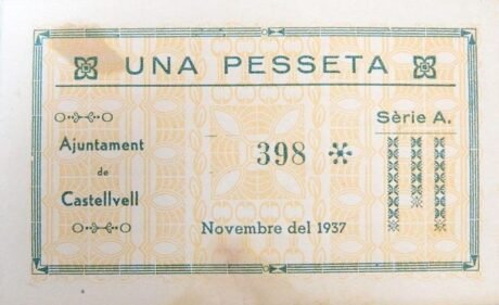 Реверс банкноты 1 песета Кастельвелл (Испания) 1937 года