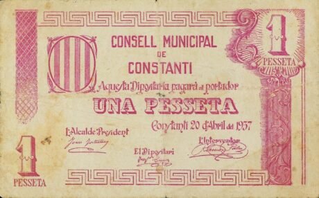Аверс банкноты 1 песета константи (Испания) 1937 года