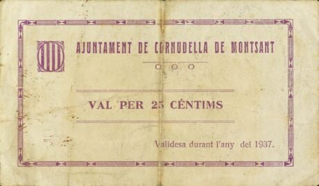 Аверс банкноты 25 centymów Cornudella de Monsant (Hiszpania) 1937
