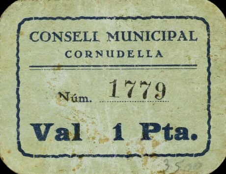 Аверс банкноты 1 песета Корнуделла де Монсан (Испания)