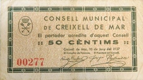 Аверс банкноты 50 сантимов Крейшель де Мар (Испания) 1937 года