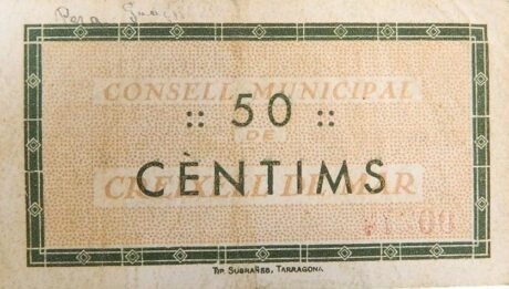 Реверс банкноты 50 сантимов Крейшель де Мар (Испания) 1937 года