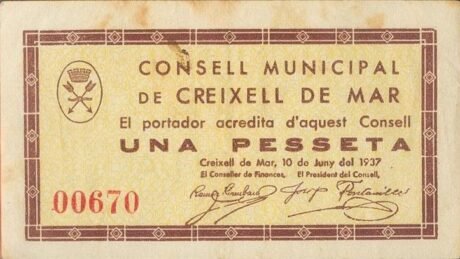 Аверс банкноты 1 песета Крейшель де Мар (Испания) 1937 года