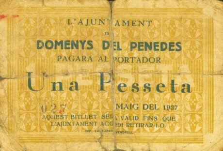 Аверс банкноты 1 песета Доменис дель Пенедес (Испания) 1937 года
