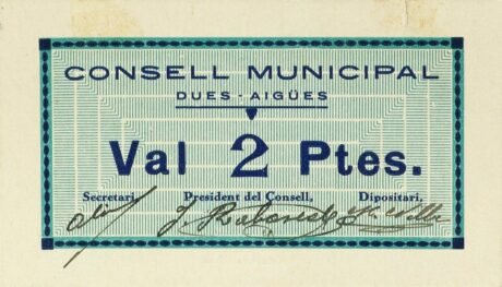 Аверс банкноты 2 песеты Дуэ-Эгюс (Испания) 1937 года