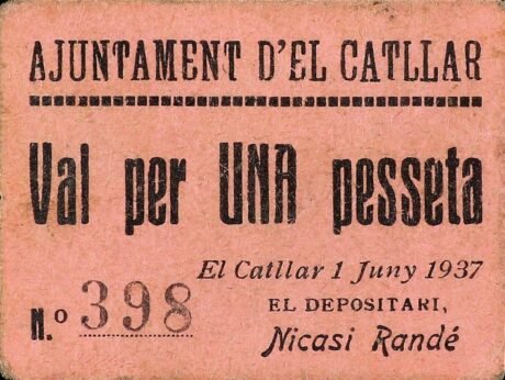 Аверс банкноты 1 peseta El Catlar (Hiszpania) 1937