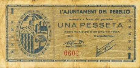 Awers banknotu 1 peseta El Perello (Hiszpania) 1937