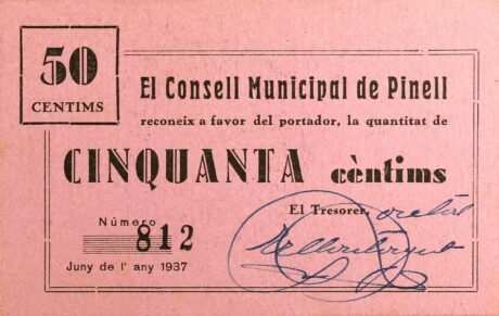 Аверс банкноты 50 сантимов Пинель де Брай (Испания) 1937 года