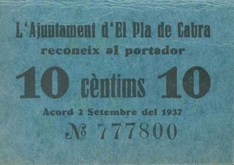 Аверс банкноты 10 centymów El Pla de Cabra (Hiszpania) 1937